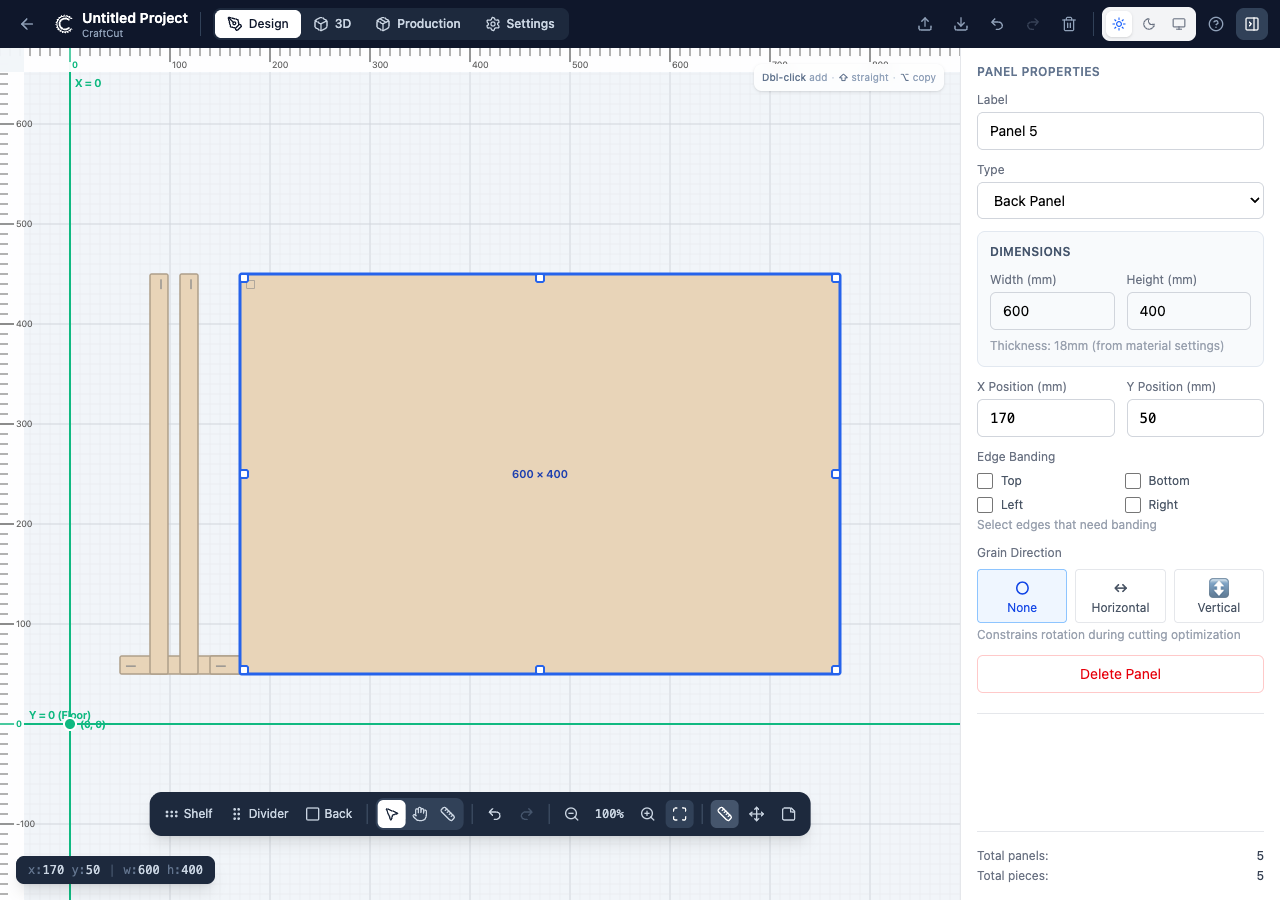 CraftCut design canvas showing panel layout